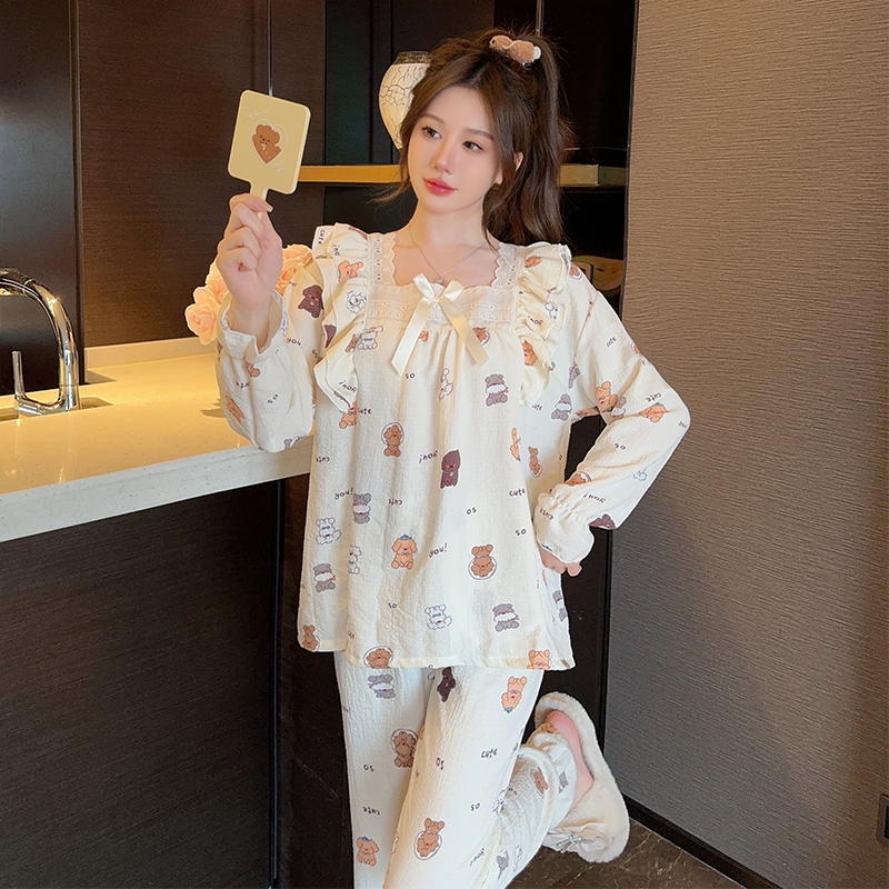2024 new wrinkled fabric pajamas for women, sweet princess style long-sleeved trousers plus fat size 220 pounds, can be worn at home