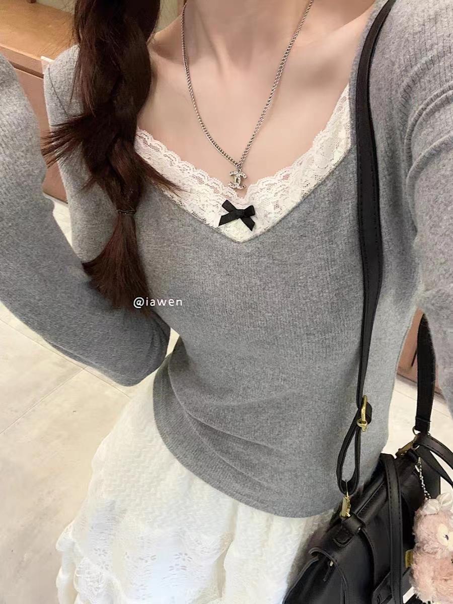 2024 threaded German velvet gray lace stitching brushed thickened bottoming shirt new ins outer wear long-sleeved T-shirt