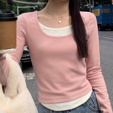 Small autumn high-end chic long-sleeved fake two-piece design top women's right shoulder T-shirt knitted bottoming shirt