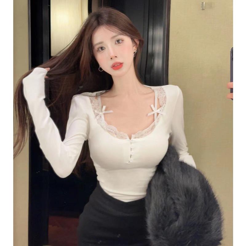 Pure lust style lace splicing halter neck T-shirt for women spring and autumn design slim bottoming shirt chic top