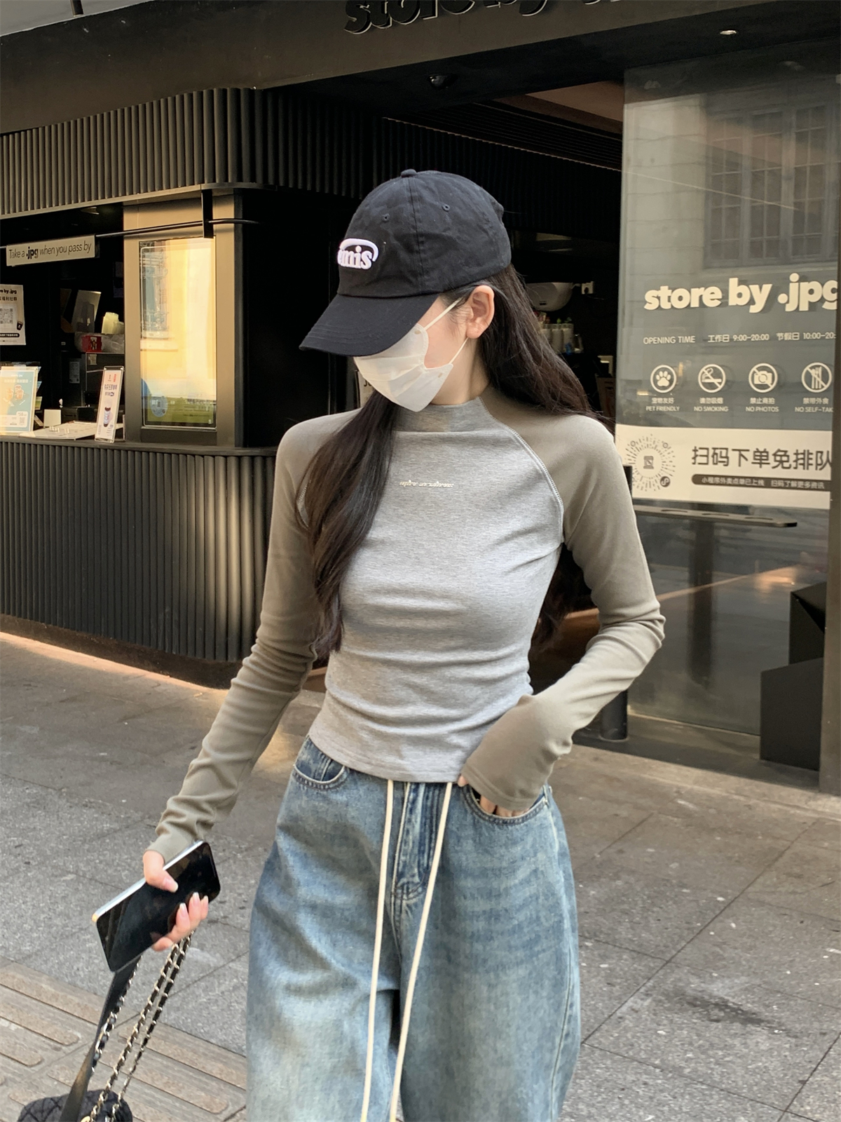 Real shot 2024 early spring slim fit contrasting raglan hot girl design slimming pure cotton long-sleeved T-shirt women's top
