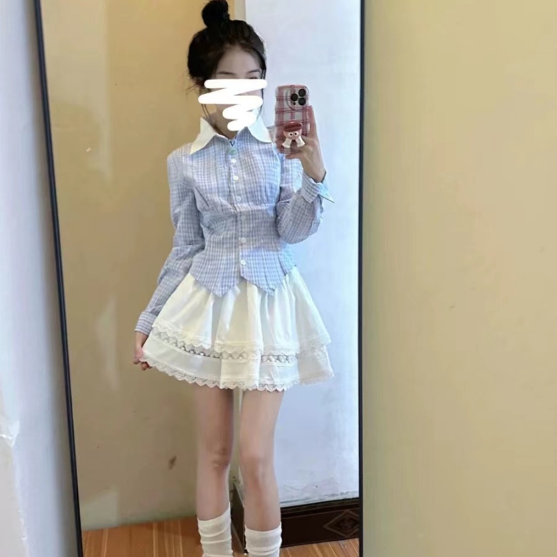 2024 spring matching milk-style outfit, a complete set of French rich daughter's sweet little fragrance style shirt and tutu skirt suit