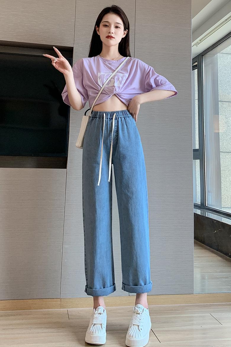 實拍高腰牛仔純棉褲女直筒褲子2026春季新款寬松拖地垂感闊腿褲