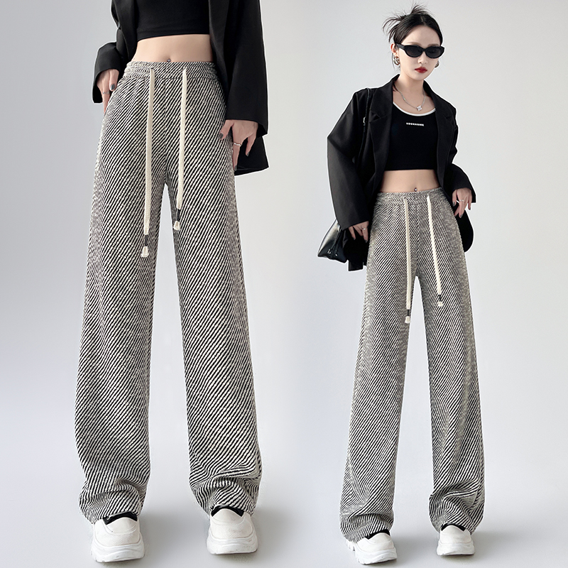 Real shot of small fragrant style wide-leg pants for women 2024 spring new style drape diagonal stripes casual high-waisted slim straight pants