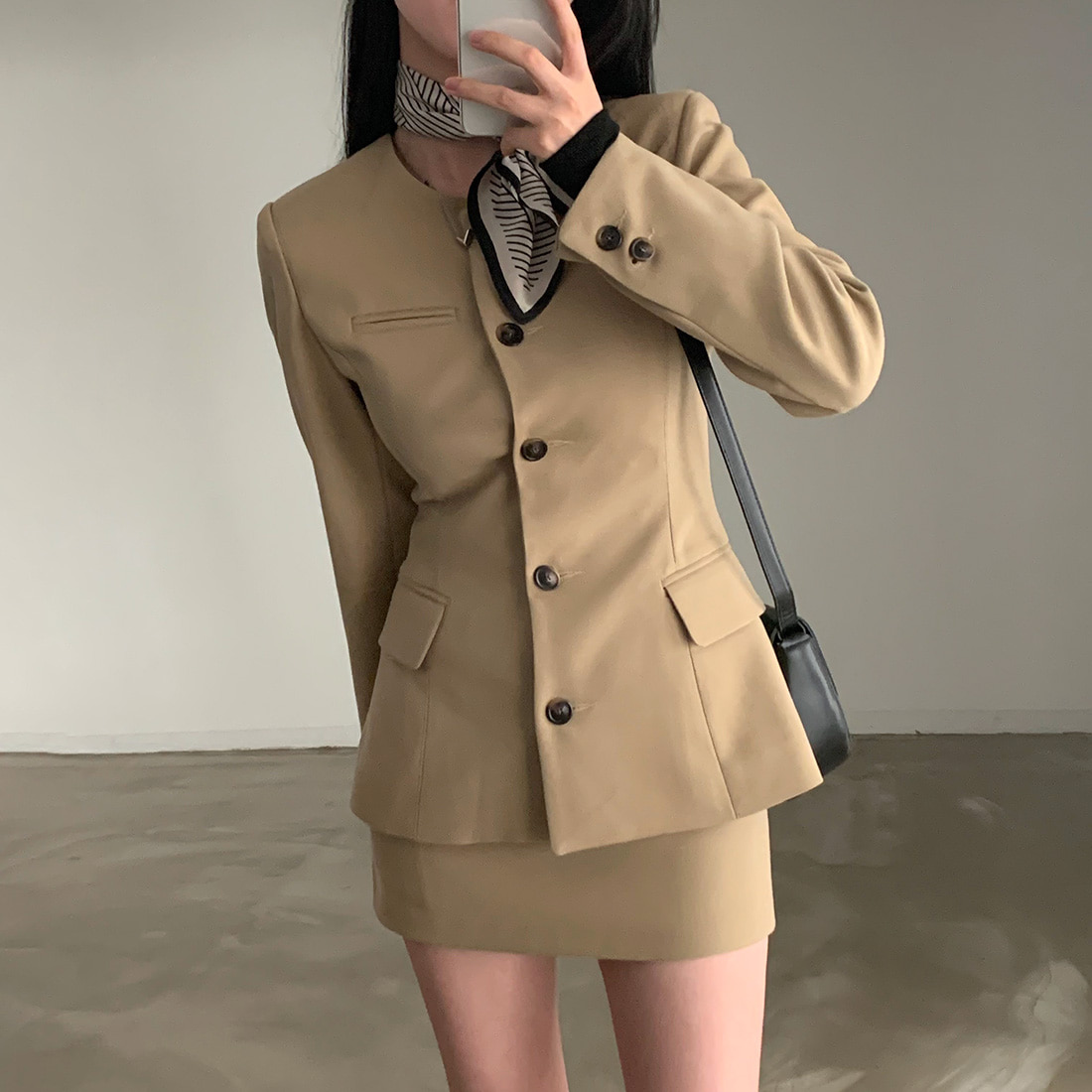 Korean ins spring design round neck single-breasted waist long-sleeved suit jacket + A-line skirt professional suit