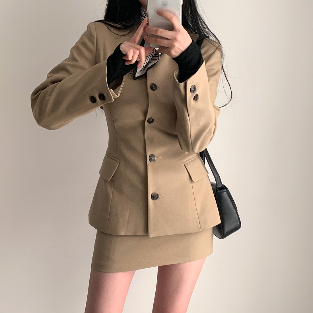 Korean ins spring design round neck single-breasted waist long-sleeved suit jacket + A-line skirt professional suit