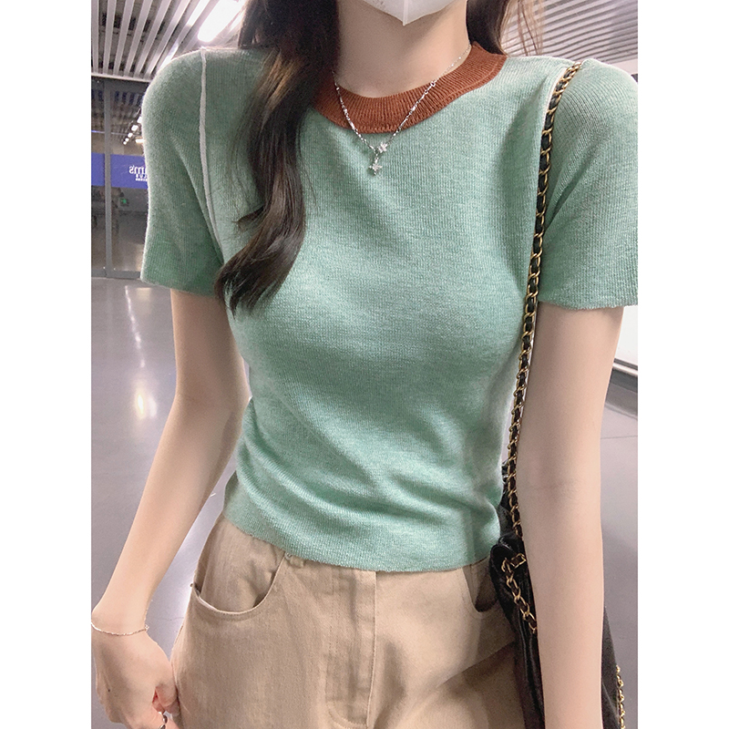 Real shot of spliced ​​round neck sweater short-sleeved women's summer 2024 new contrast color right shoulder chic top