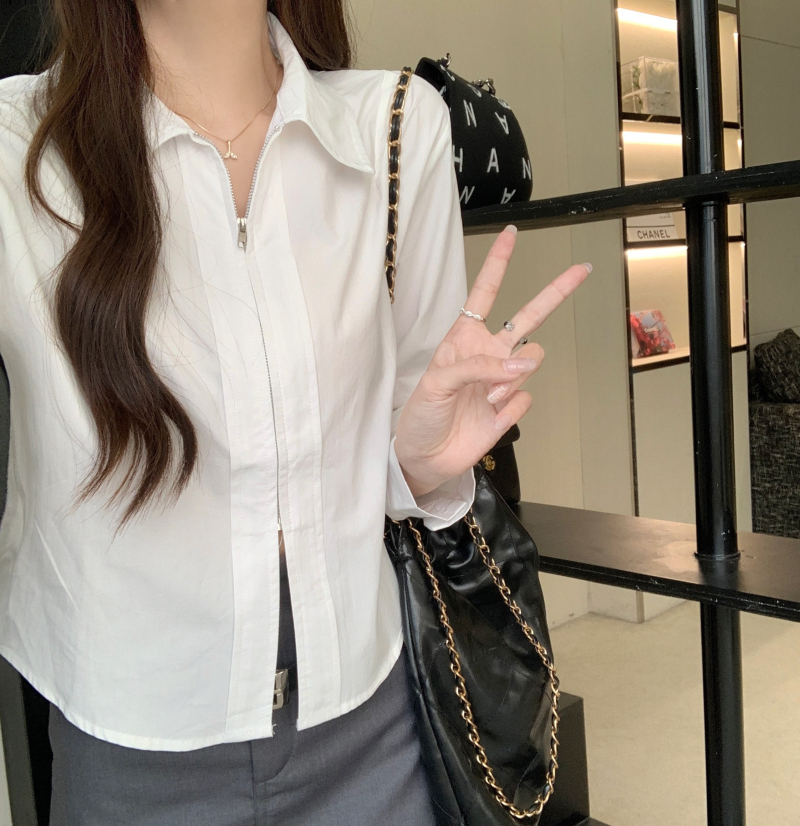 實拍 秋季新款韓版短款洋氣拉鏈純棉長袖襯衫女上衣小外套