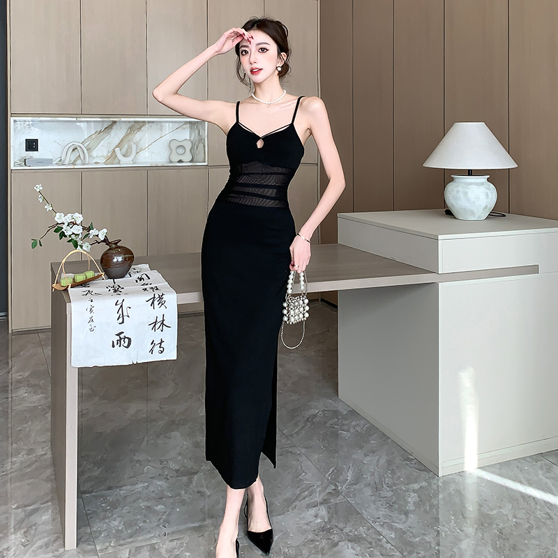 2026春夏新款純欲風辣妹修身吊帶裙女性感包臀開叉長裙復古設計感
