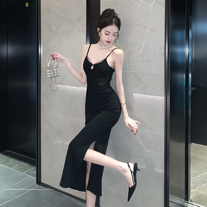 2026春夏新款純欲風辣妹修身吊帶裙女性感包臀開叉長裙復古設計感