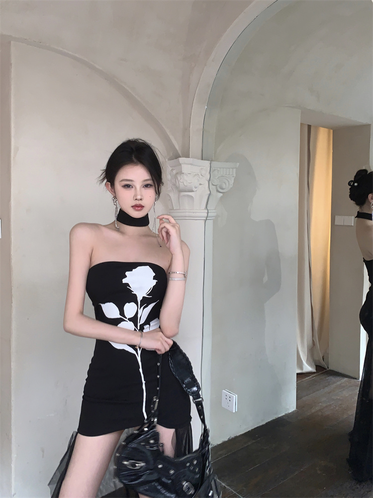 實拍實價 抹胸玫瑰印花拼接網紗連衣裙中長款