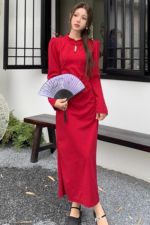 新中式大码女装连衣裙超修身长款纯色套头大码长裙