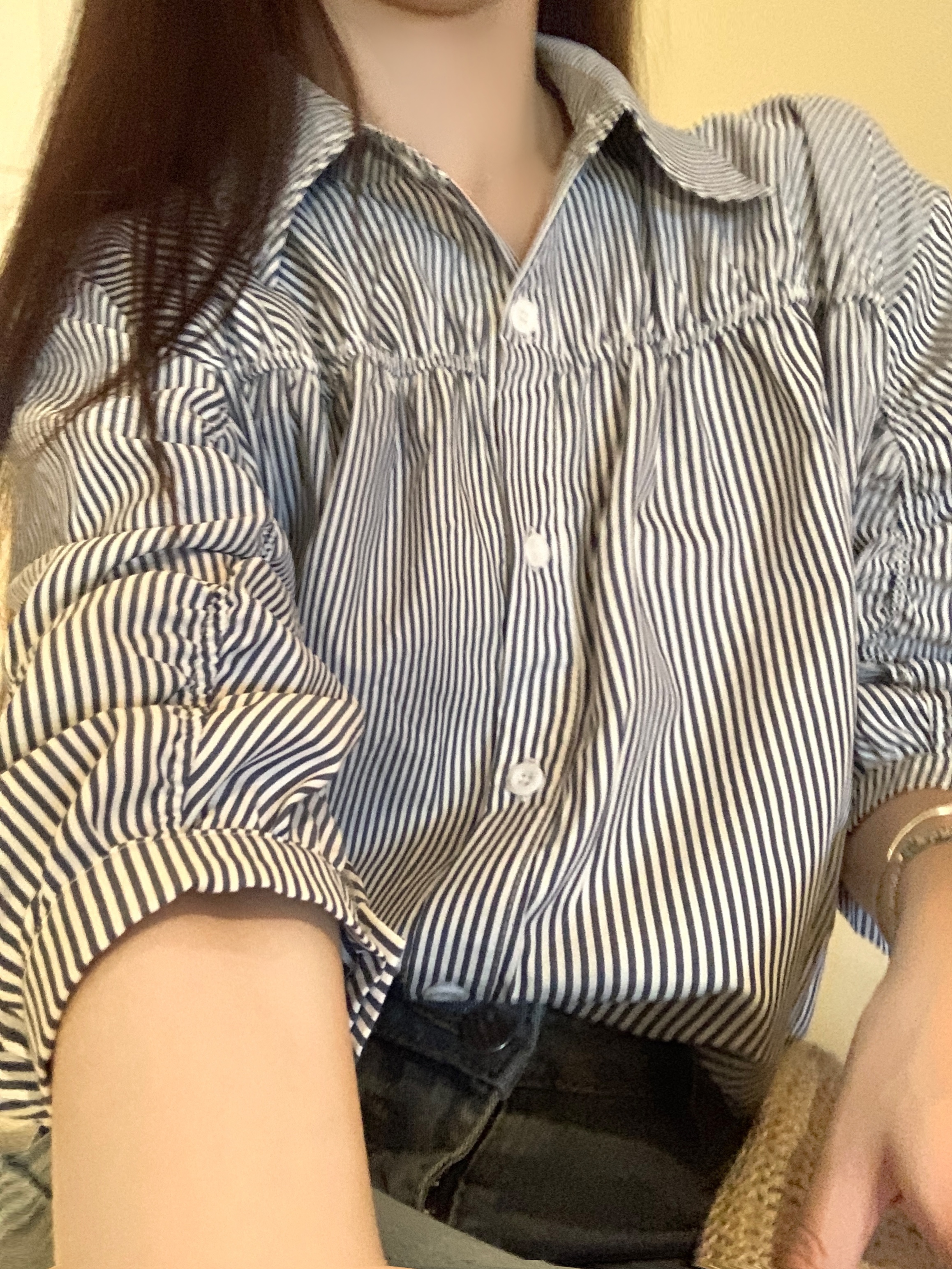 ~Large Size Women's Shirt Women's Thin Puff Sleeve Drawstring Three Quarter Sleeve Striped Shirt Chic Top
