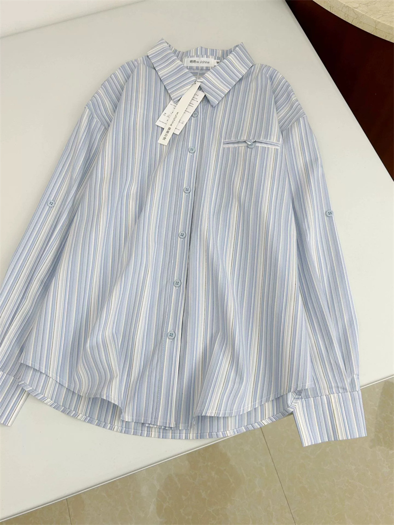 蓝色条纹衬衫女春秋新款法式小众独特衬衣港味chic设计感小众上衣