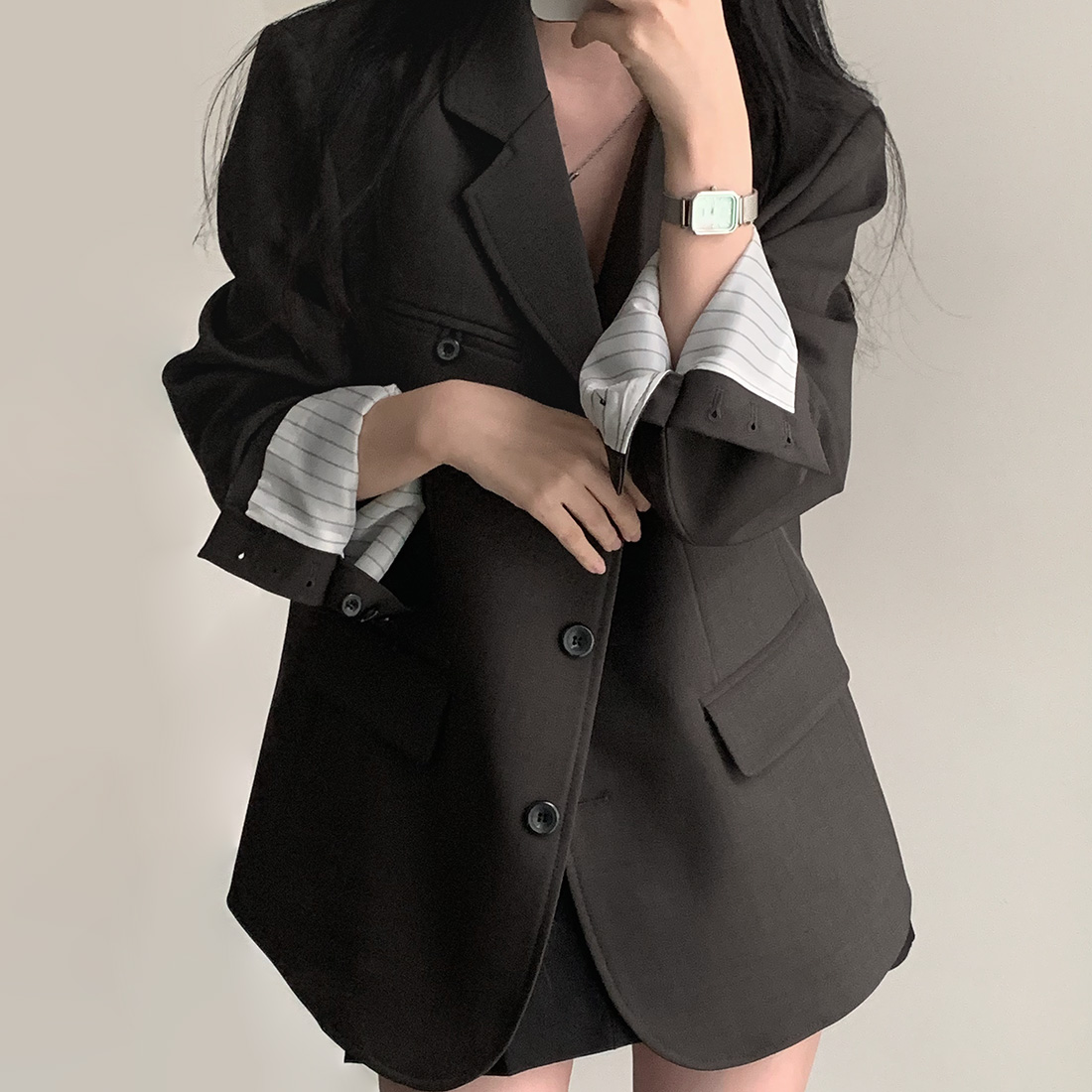 韩国chic早春气质撞色百搭宽松单排扣长袖西装外套