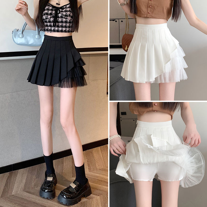 Pleated skirt spliced ​​with mesh women's A-line Korean style college style high-waist slim A-line skirt trendy short skirt for small people