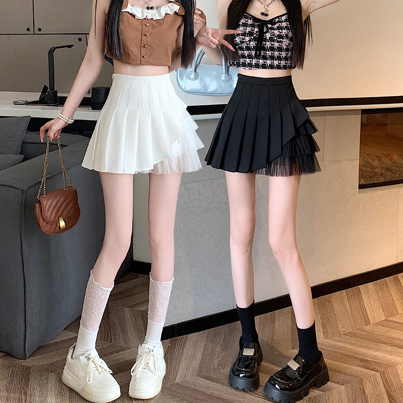 Pleated skirt spliced ​​with mesh women's A-line Korean style college style high-waist slim A-line skirt trendy short skirt for small people