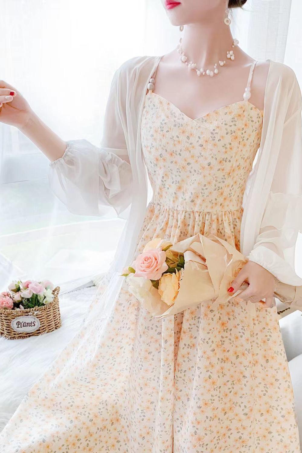 2024 New French First Love Floral Suspender Dress Sun Protection Shirt Two-piece Skirt
