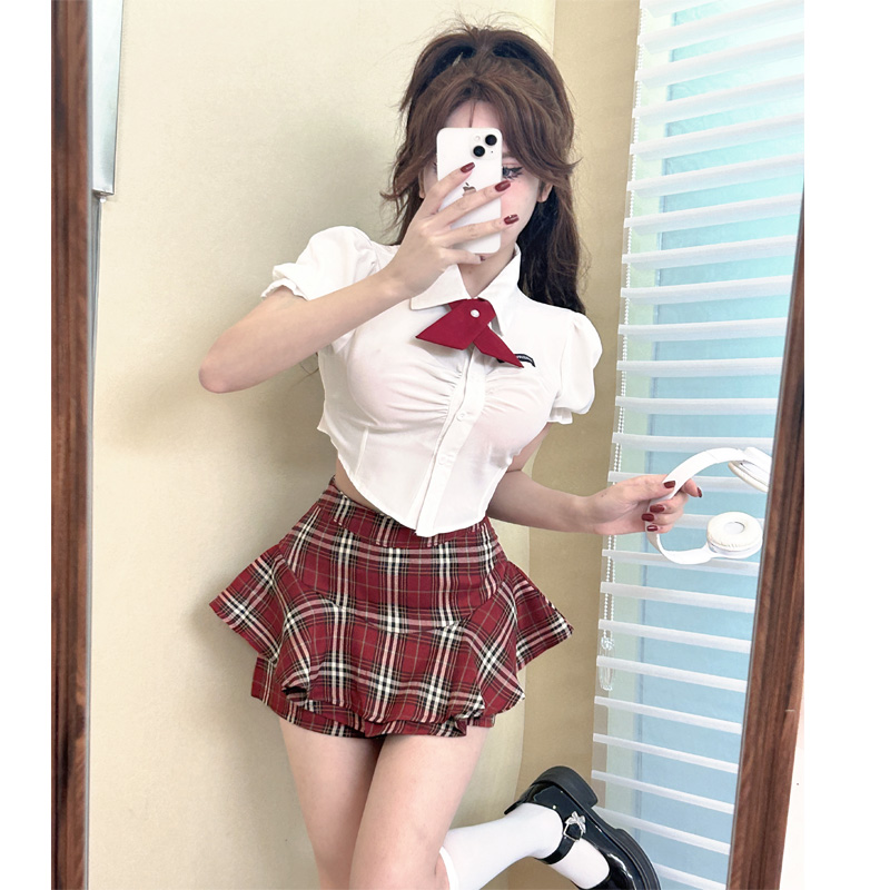 Real shot of college style jk uniform suit for women sweet and spicy waist strap short shirt for women high waist skirt two piece set