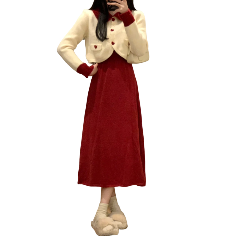 深秋冬季搭配一整套红色内搭连衣裙女小个子香风新年套装过年战袍
