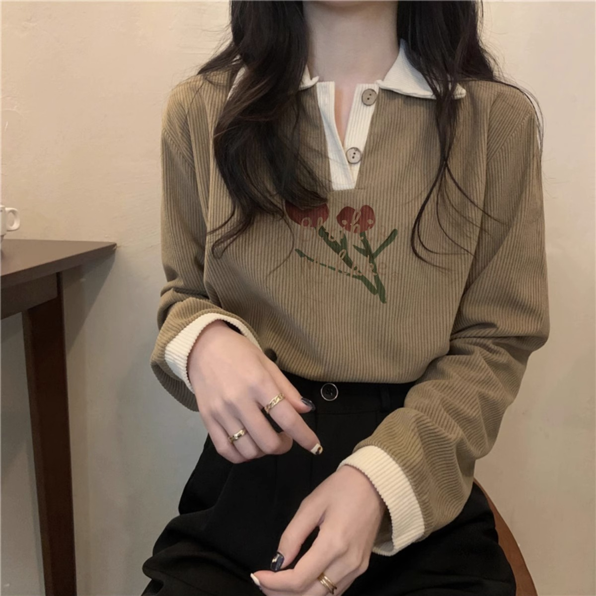 Snakeboy 2024 Contrast Color Polo Neck Right Shoulder Long Sleeve T-Shirt Girly Lazy Style Half Open Collar Bottoming Shirt