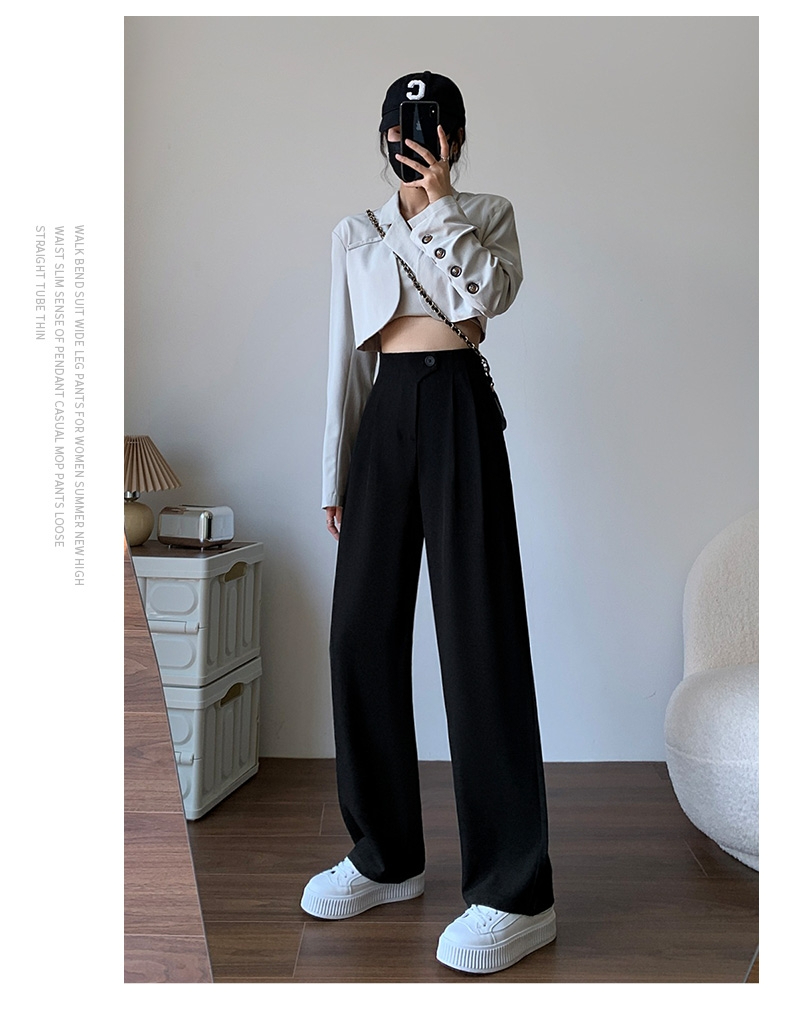 Original workmanship black wide leg pants for women spring and autumn 2024 small high waist drape narrow version slimming straight pants