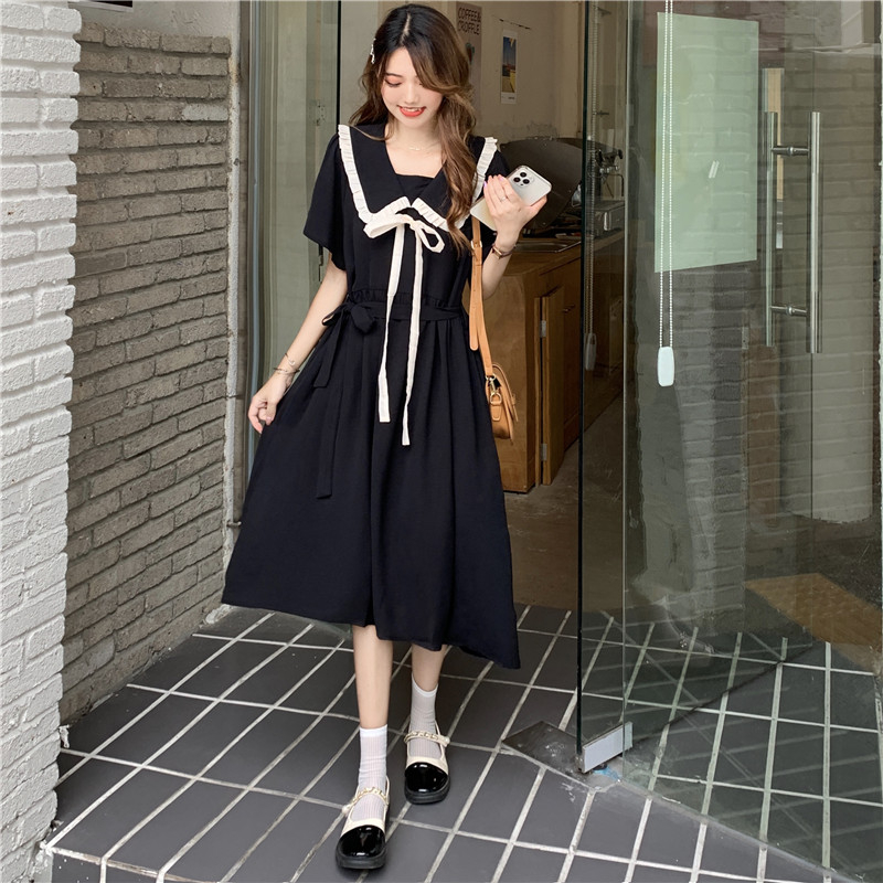 Belted doll collar dress for women summer new style waist slimming A-line skirt age-reducing fairy long skirt