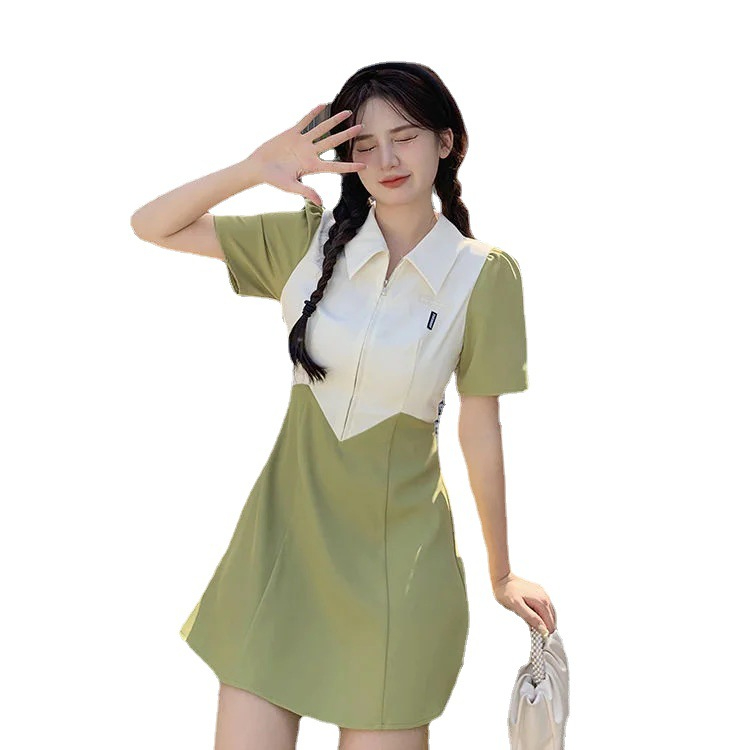 学院风2024撞色设计感开叉韩版连衣裙女新款POLO领收腰显瘦短袖裙