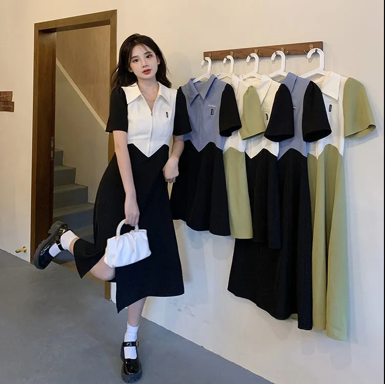学院风2024撞色设计感开叉韩版连衣裙女新款POLO领收腰显瘦短袖裙