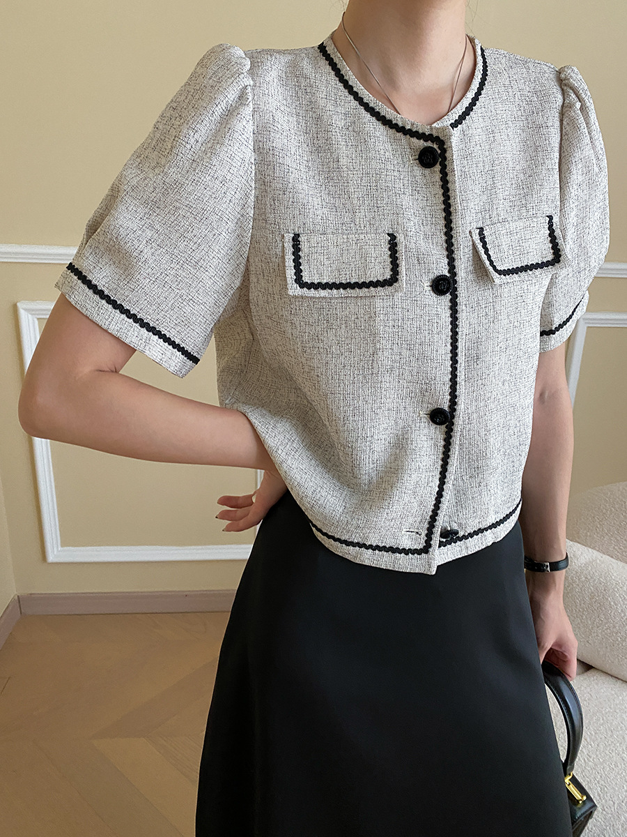 Official Photo 2024 Spring and Summer New Light Luxury Round Neck Small Fragrant Style Short Sleeve Jacket Women's Small Thin Suit Top