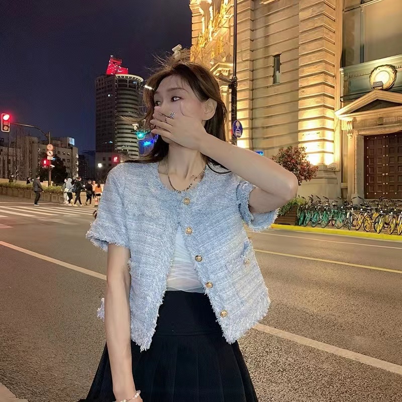 Official picture of small fragrant style jacket for women 2024 new style tweed tassel short versatile loose foreign style short-sleeved top