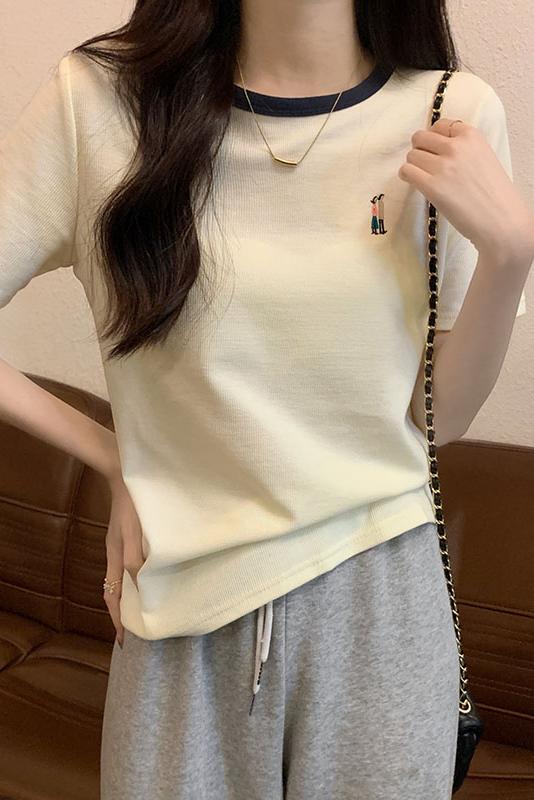 实拍新款韩版短袖t恤女春季撞色圆领修身华夫格正肩刺绣上衣