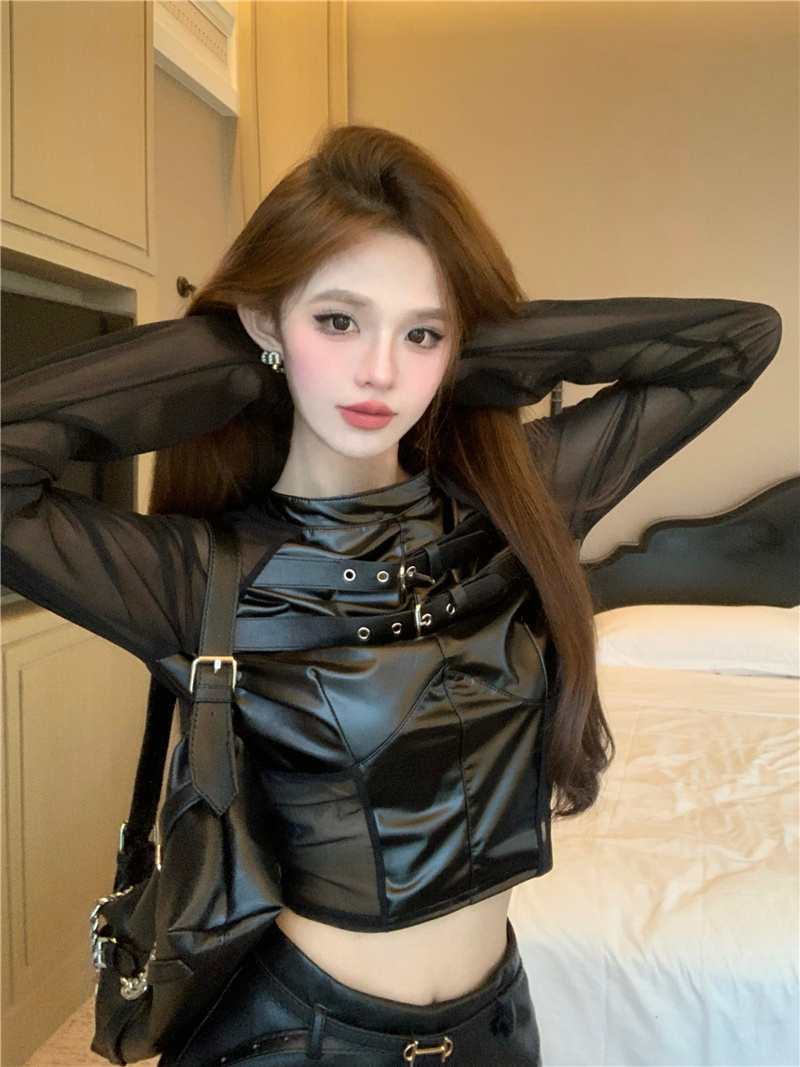 Actual shot ~ 2024 spring new pure lust hottie PU leather splicing mesh design long-sleeved top for small people