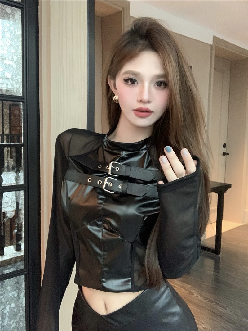 Actual shot ~ 2024 spring new pure lust hottie PU leather splicing mesh design long-sleeved top for small people