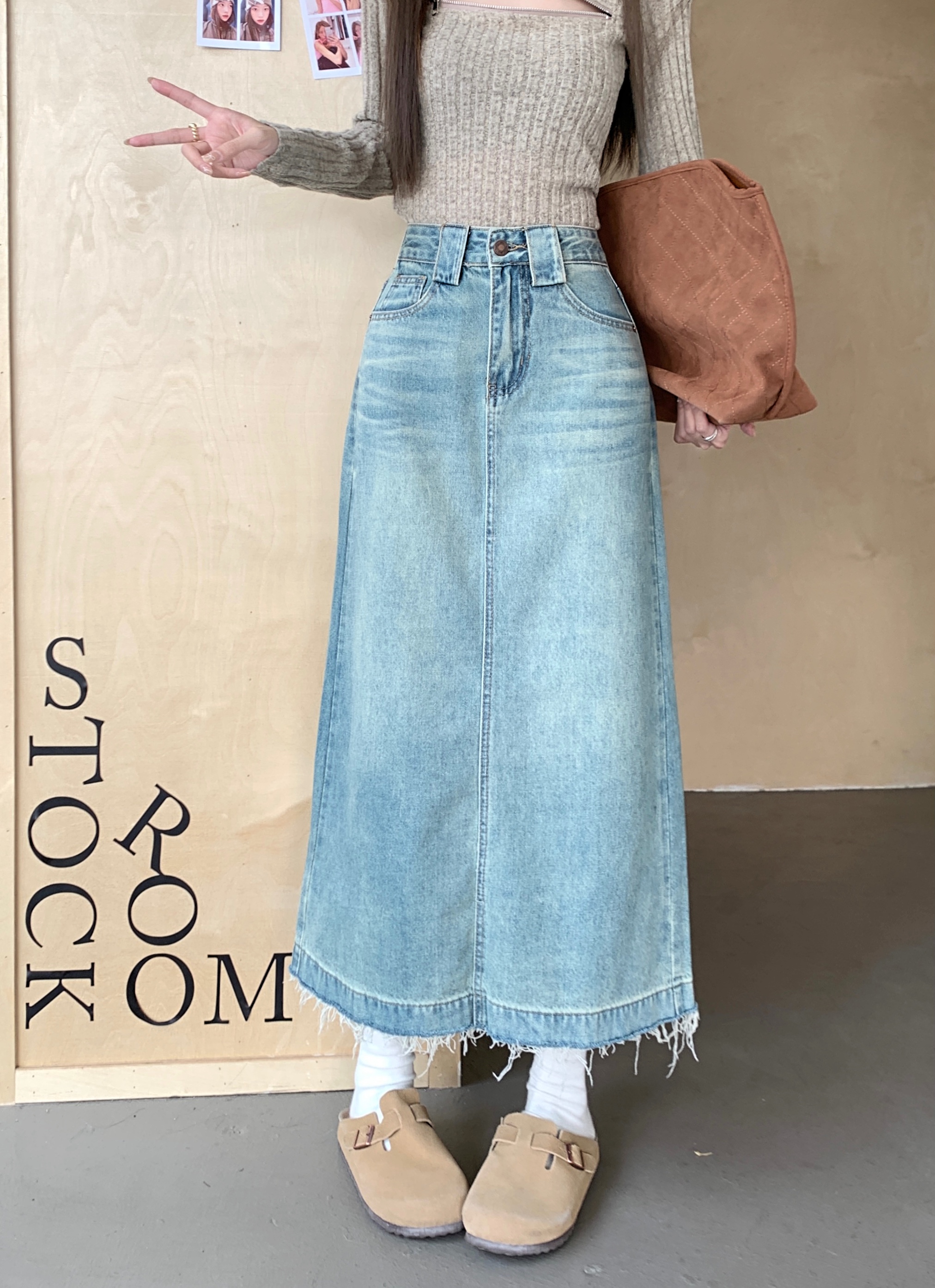 ~Real Shot~New Pencil Super Straight Washed Denim Skirt Long Skirt with Back Slit Design