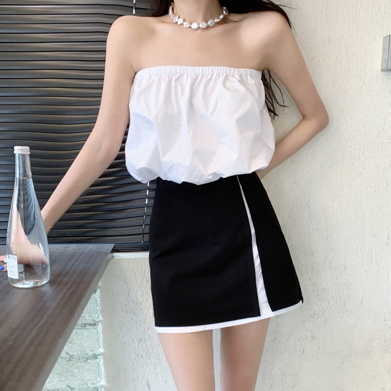 实拍 韩国东大门夏季新款时髦洋气抹胸背心上衣+高腰假两件半身裙
