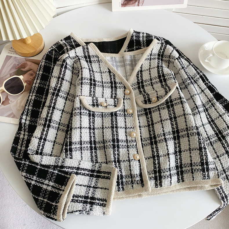 French style short jacket for women 2024 spring new houndstooth v-neck single-breasted long-sleeved cardigan top