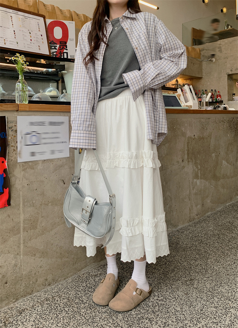 实拍 韩版设计感甜美宽松衬衫A字显瘦中长款蛋糕裙高腰半身裙