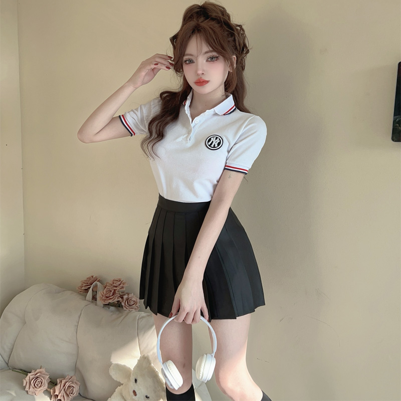 Real shot of summer fashion jk uniform work clothes college style casual polo shirt short-sleeved top pleated skirt suit