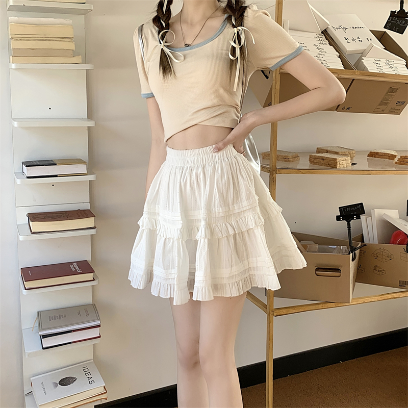Real shot French sweet white skirt high waisted short skirt layered cake skirt
