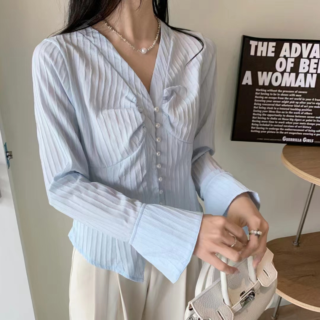 V-neck small fresh Korean style long-sleeved slim shirt chiffon top women's early spring