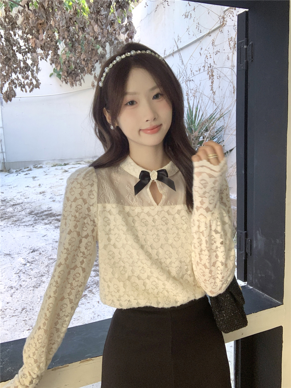 Actual shot of spring new all-match lace bottoming shirt for women half turtleneck solid color lace shirt top