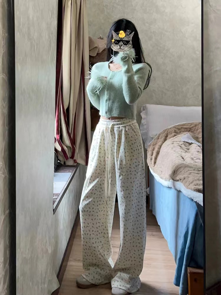 Pure cotton Huamian spring and summer new Japanese style niche floral elastic high waist slimming straight wide leg pants for women