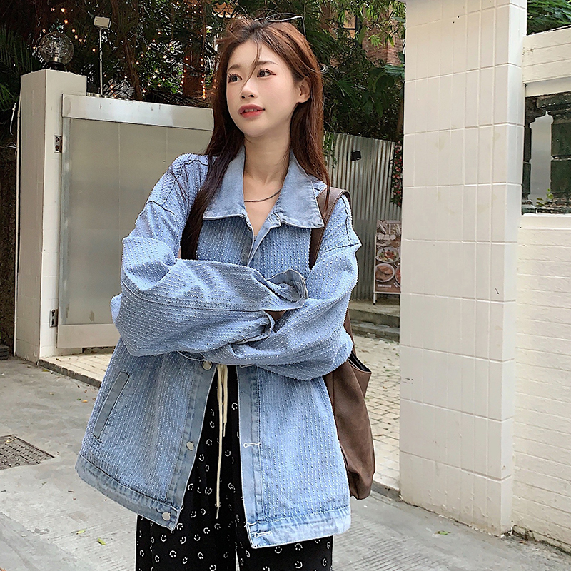 Actual shot~Spring Korean style loose small fragrant street denim jacket with puffy breasts and long sleeve design is niche