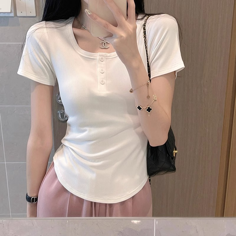 Official picture pure cotton design square neck short-sleeved T-shirt for women