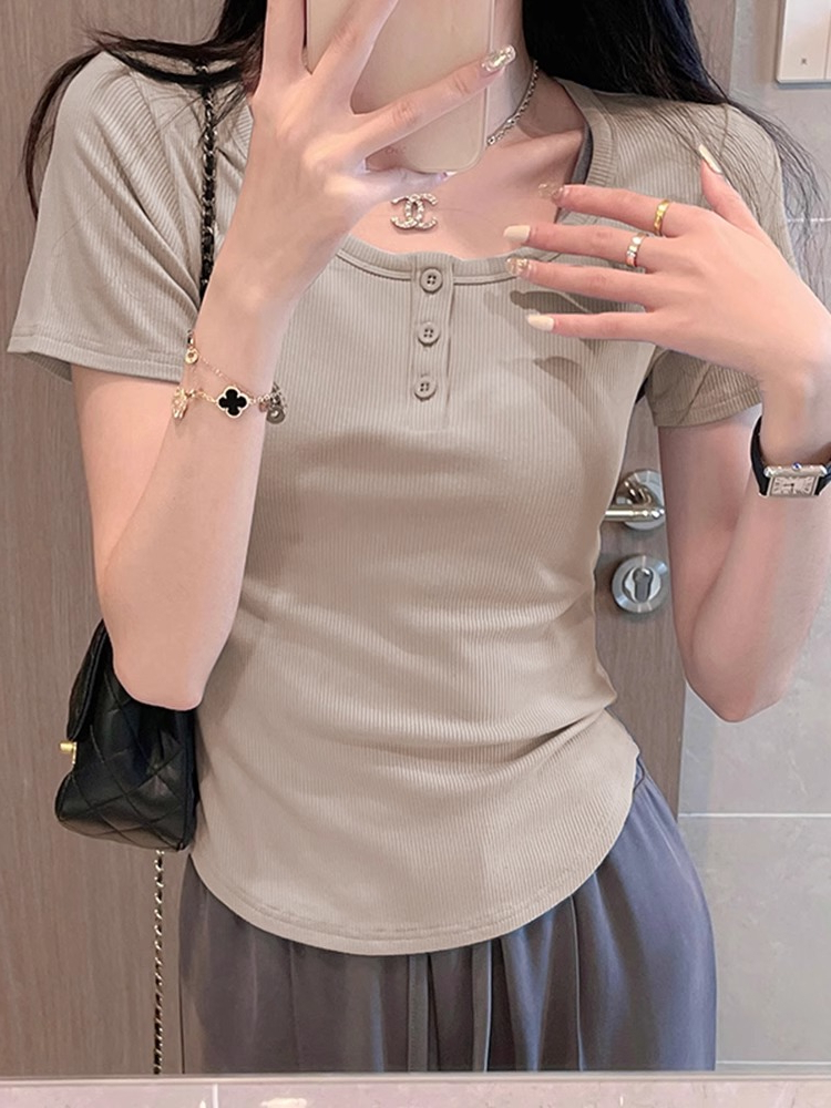 Official picture pure cotton design square neck short-sleeved T-shirt for women