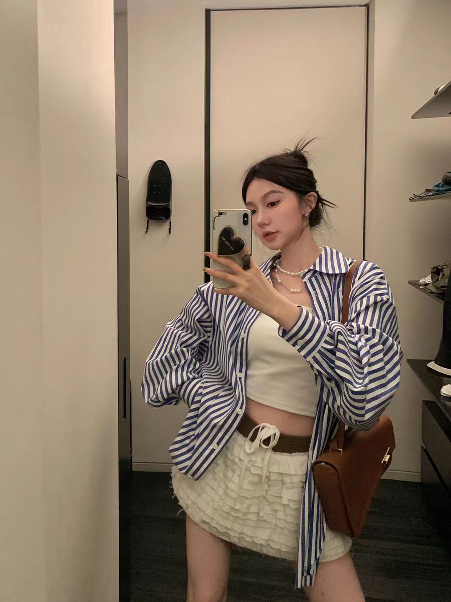 Ouyang Ouyang Vertical Stripe Blue Shirt Jacket Women's Spring Design Niche Loose Shirt Long Sleeve Top