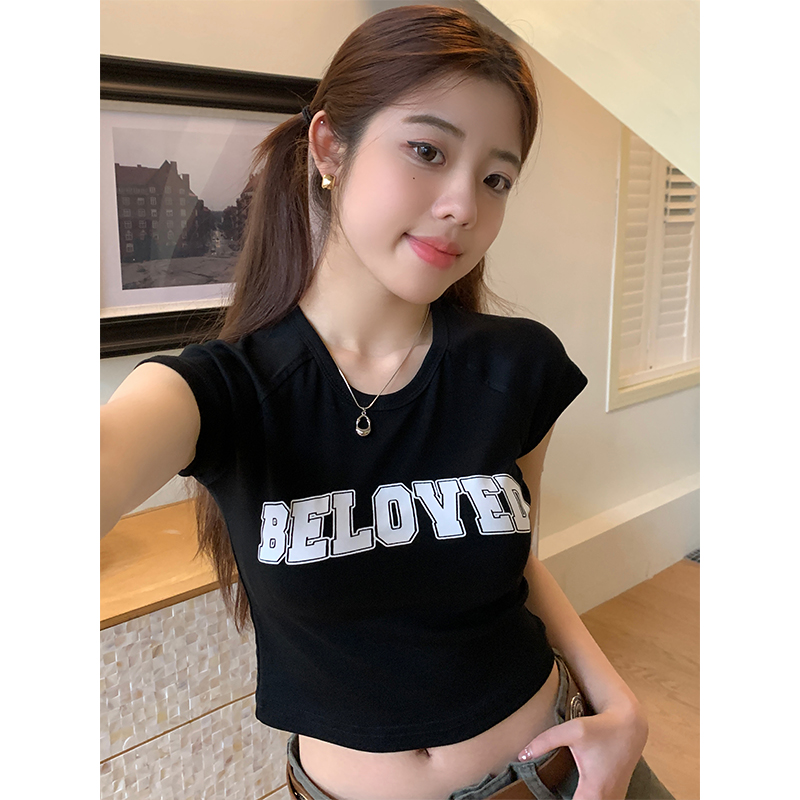Real shot of summer American pink right shoulder slimming short-sleeved T-shirt for women 2024 niche hot girl style short top