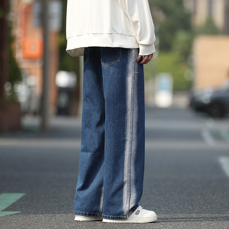 實拍2024春夏新款高街直筒牛仔褲男寬松復古洗水美式牛仔褲男