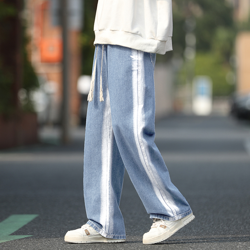 實拍2024春夏新款高街直筒牛仔褲男寬松復古洗水美式牛仔褲男